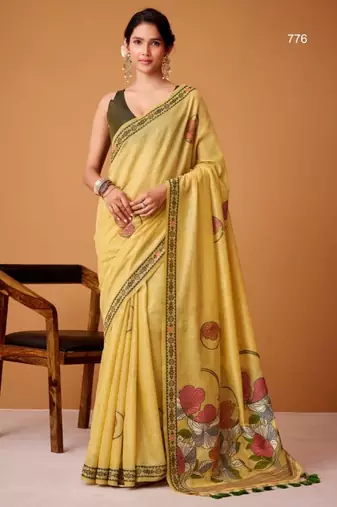 Yellow cotton silk printed saree with blouse