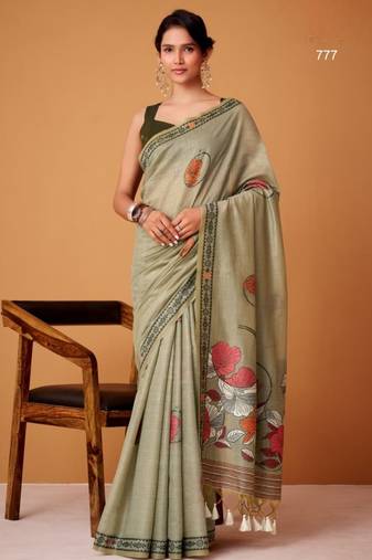 Mehendi cotton silk printed saree with blouse
