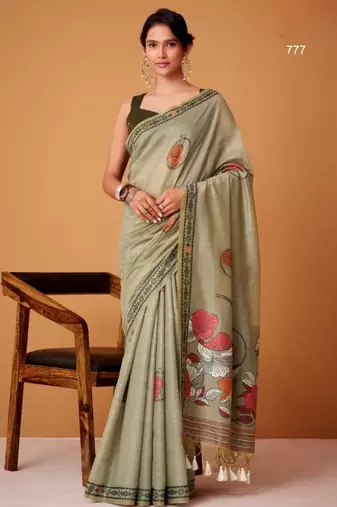 Mehendi cotton silk printed saree with blouse
