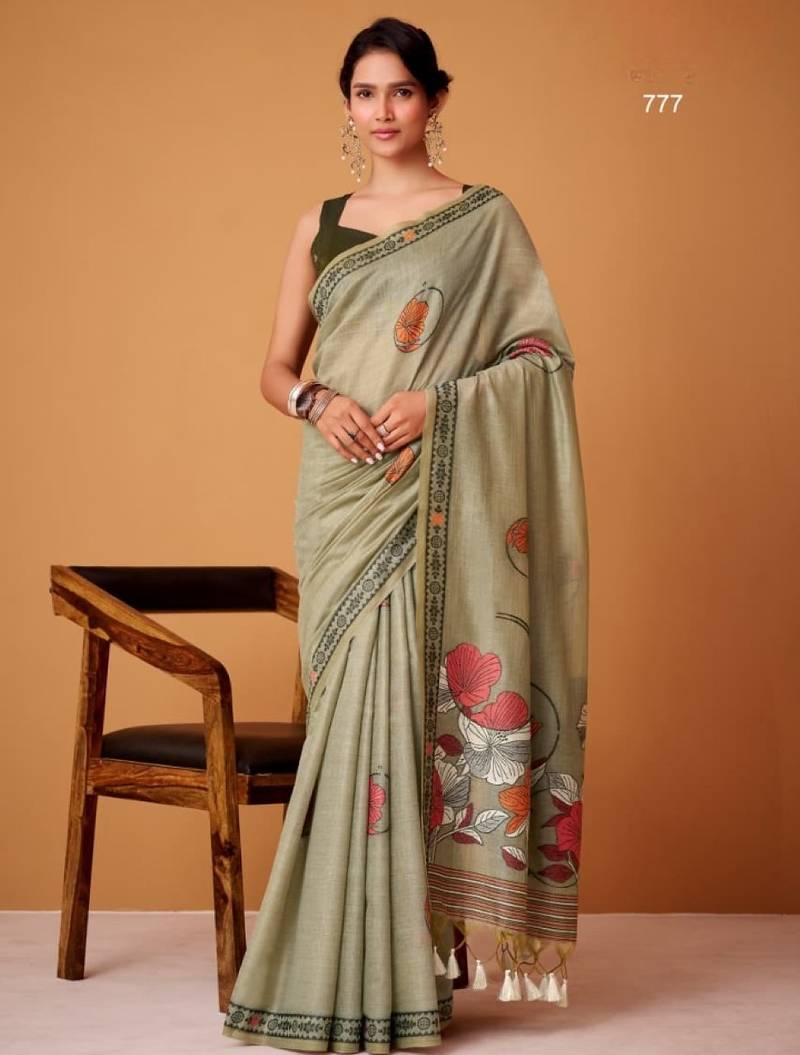 Mehendi cotton silk printed saree with blouse