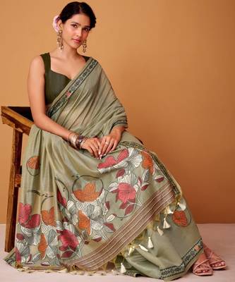Mehendi cotton silk printed saree with blouse 2