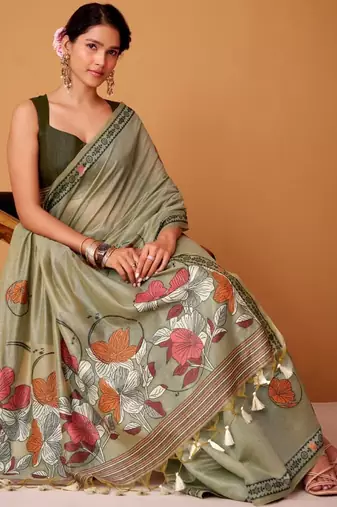 Mehendi cotton silk printed saree with blouse