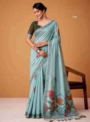 Blue cotton silk printed saree with blouse 1