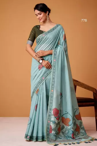 Blue cotton silk printed saree with blouse