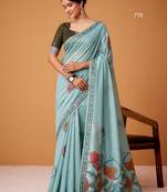 Blue cotton silk printed saree with blouse