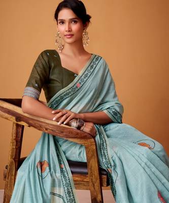Blue cotton silk printed saree with blouse 2