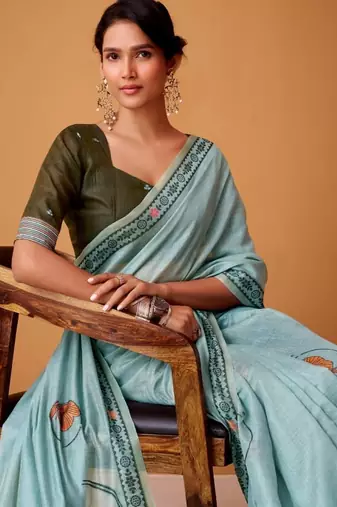 Blue cotton silk printed saree with blouse