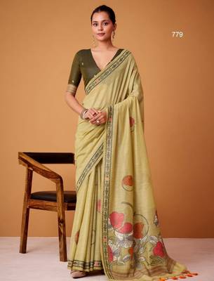 Olive cotton silk printed saree with blouse 1