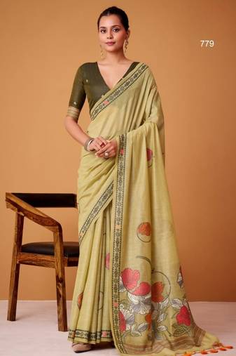 Olive cotton silk printed saree with blouse
