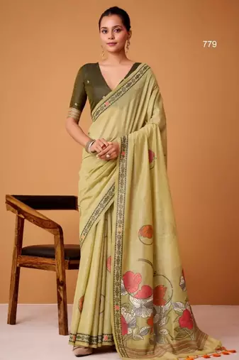 Olive cotton silk printed saree with blouse