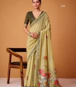 Olive cotton silk printed saree with blouse