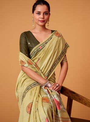 Olive cotton silk printed saree with blouse 2