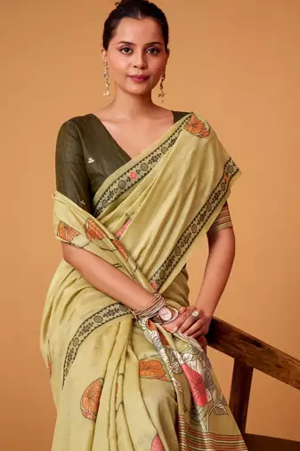 Olive cotton silk printed saree with blouse