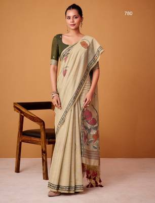 Beige cotton silk printed saree with blouse 1