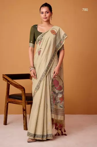 Beige cotton silk printed saree with blouse