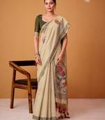 Beige cotton silk printed saree with blouse