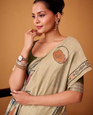 Beige cotton silk printed saree with blouse 2