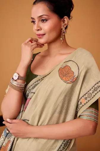 Beige cotton silk printed saree with blouse