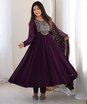 wine faux goergette  party  embroidery wear anarkali  suit set 1