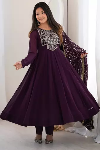 wine faux goergette party embroidery wear anarkali suit set