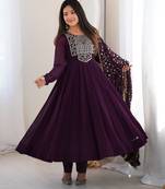 wine faux goergette  party  embroidery wear anarkali  suit set