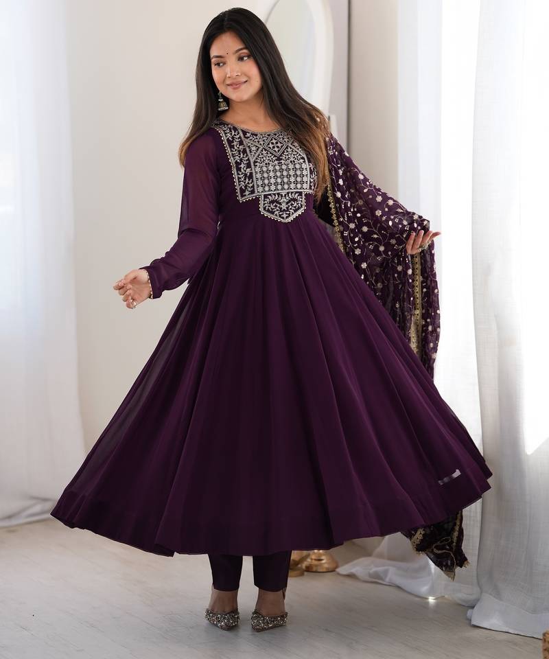 wine faux goergette  party  embroidery wear anarkali  suit set