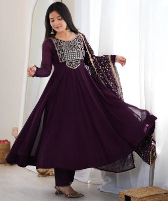 wine faux goergette  party  embroidery wear anarkali  suit set 2
