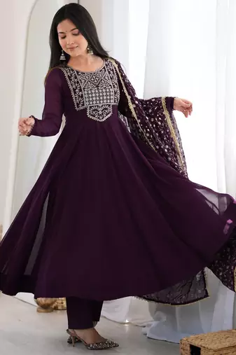 wine faux goergette party embroidery wear anarkali suit set