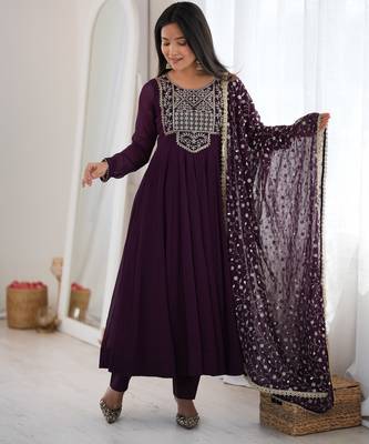 wine faux goergette  party  embroidery wear anarkali  suit set 3
