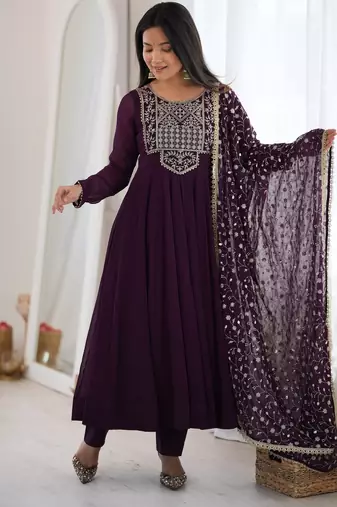 wine faux goergette party embroidery wear anarkali suit set