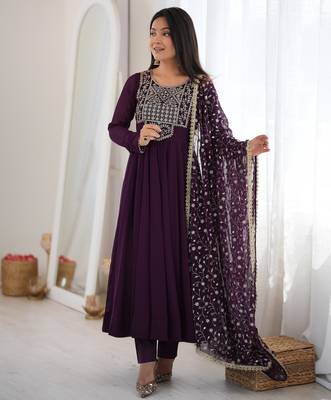 wine faux goergette  party  embroidery wear anarkali  suit set 4