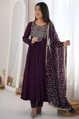 wine faux goergette party embroidery wear anarkali suit set