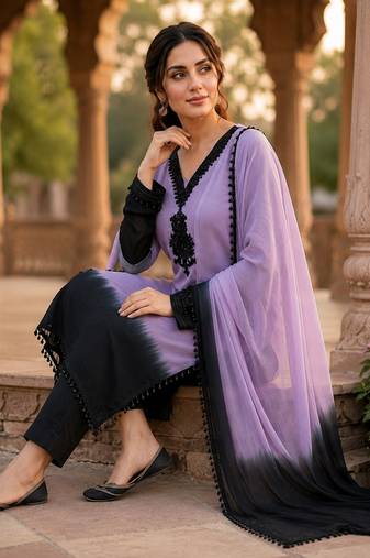 Women Ombre Dyed Regular Beads and Stones Silk Crepe Kurta with Trousers Dupatta