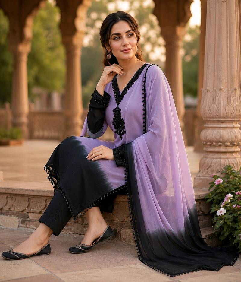 Women Ombre Dyed Regular Beads and Stones Silk Crepe Kurta with Trousers Dupatta