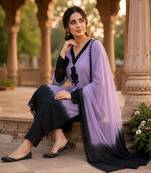 Women Ombre Dyed Regular Beads and Stones Silk Crepe Kurta with Trousers Dupatta