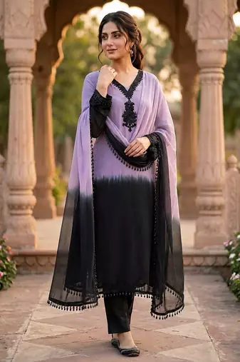 Women Ombre Dyed Regular Beads and Stones Silk Crepe Kurta with Trousers Dupatta