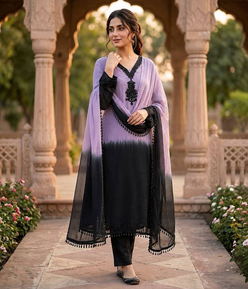 Women Ombre Dyed Regular Beads and Stones Silk Crepe Kurta with Trousers Dupatta