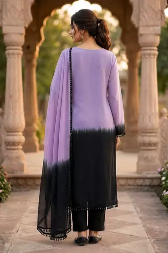 Women Ombre Dyed Regular Beads and Stones Silk Crepe Kurta with Trousers Dupatta