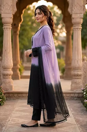 Women Ombre Dyed Regular Beads and Stones Silk Crepe Kurta with Trousers Dupatta