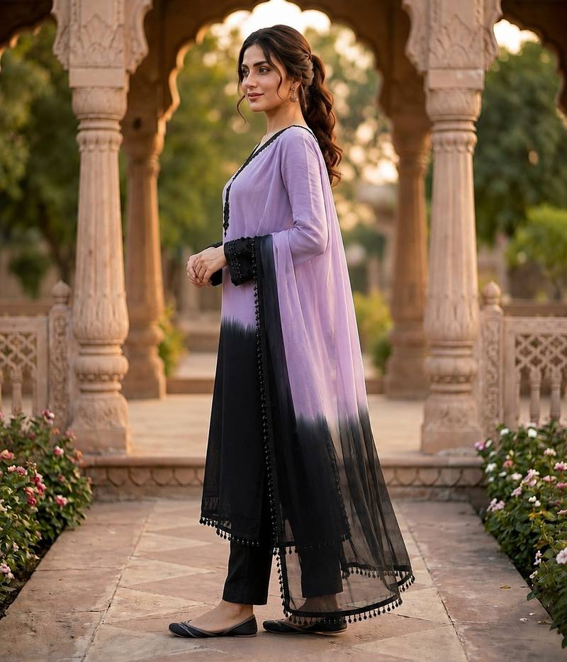 Women Ombre Dyed Regular Beads and Stones Silk Crepe Kurta with Trousers Dupatta