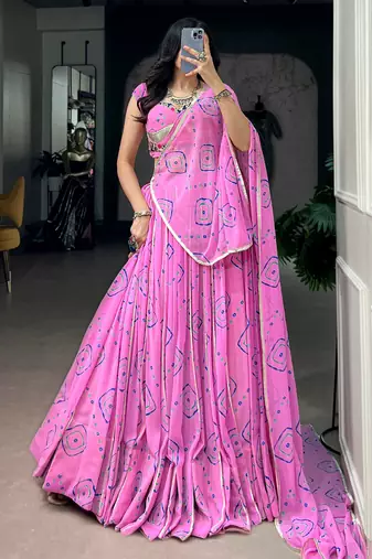 Regal Baby Pink Bandhej Printed Georgette Navratri Wear Lehenga Choli