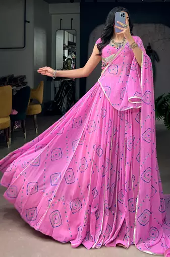 Regal Baby Pink Bandhej Printed Georgette Navratri Wear Lehenga Choli