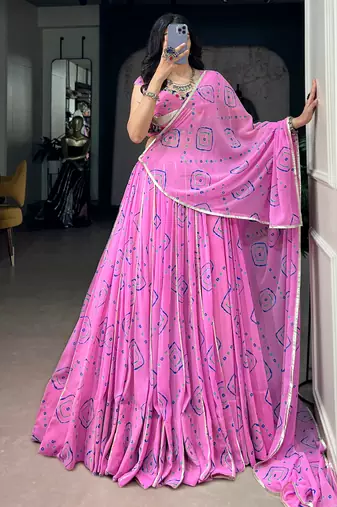 Regal Baby Pink Bandhej Printed Georgette Navratri Wear Lehenga Choli