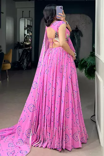 Regal Baby Pink Bandhej Printed Georgette Navratri Wear Lehenga Choli