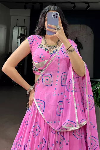 Regal Baby Pink Bandhej Printed Georgette Navratri Wear Lehenga Choli
