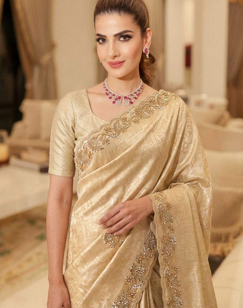 Beads Work Kanjiwaram Silk blend Saree