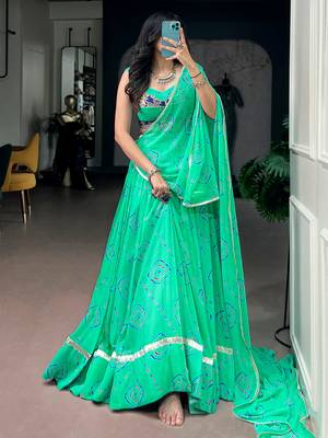 Classic Aqua Green Bandhej Printed Georgette Navratri Wear Lehenga Choli 1