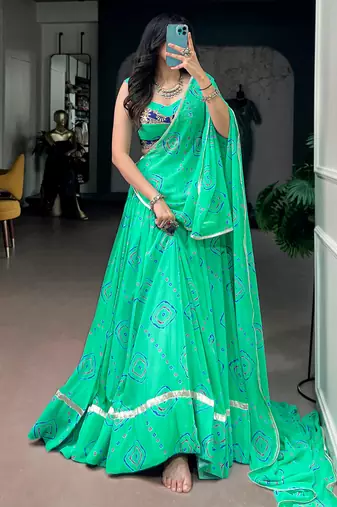 Classic Aqua Green Bandhej Printed Georgette Navratri Wear Lehenga Choli