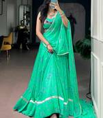 Classic Aqua Green Bandhej Printed Georgette Navratri Wear Lehenga Choli