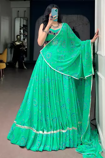 Classic Aqua Green Bandhej Printed Georgette Navratri Wear Lehenga Choli